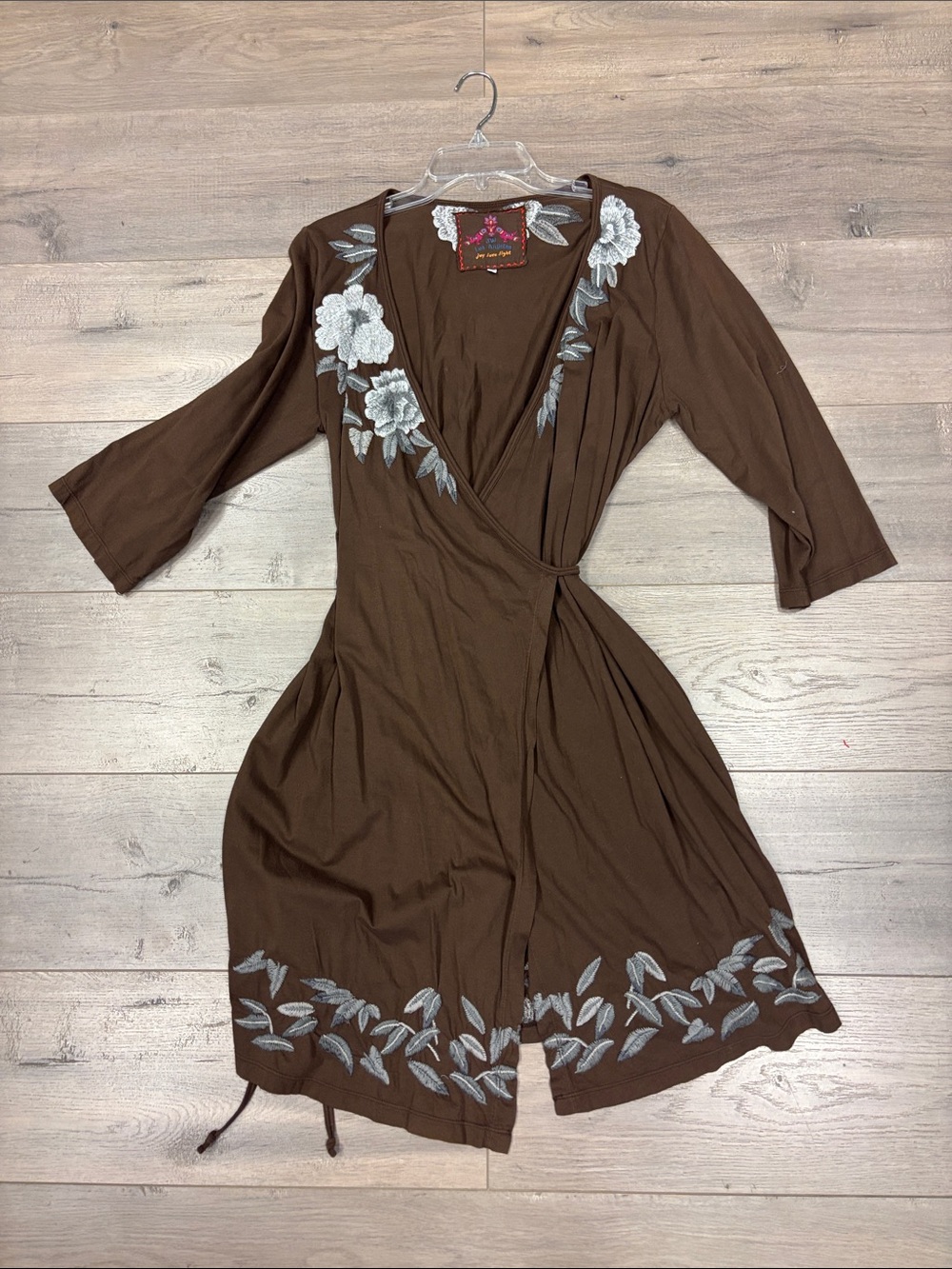 Johnny Was Brown Floral Embroidered Wrap Dress